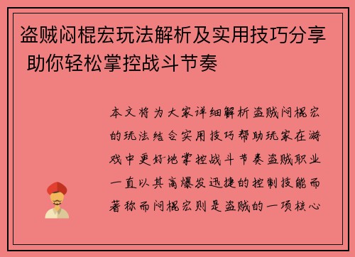 盗贼闷棍宏玩法解析及实用技巧分享 助你轻松掌控战斗节奏